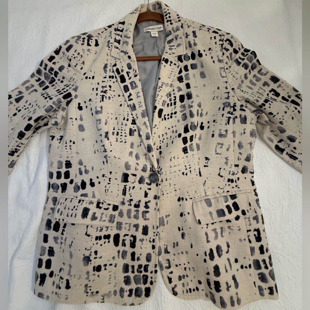 Coldwater Creek Printed Blazer Size 12 Beige Black Lightweight Career Jacket - Picture 6 of 10